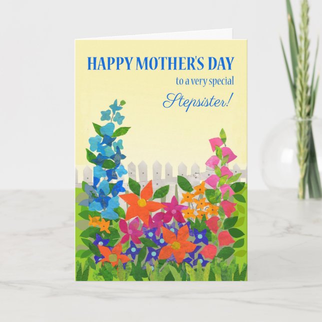 Till styvsyster på mors dag Blomsterträdgårdskort Kort (Framsida)