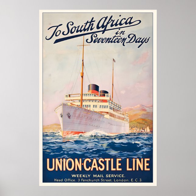 Till Sydafrika Union Castle Line Veckopost Poster (Framsidan)