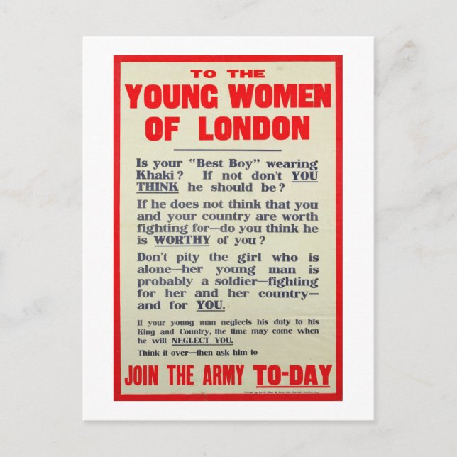 Till Unga kvinnor i London poster rekryteringen. Vykort (Framsida)