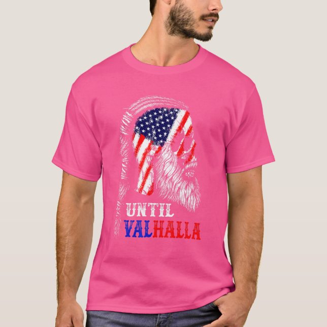 Till Valhalla Skull American Flagga Retro Viking N T Shirt (Framsida)