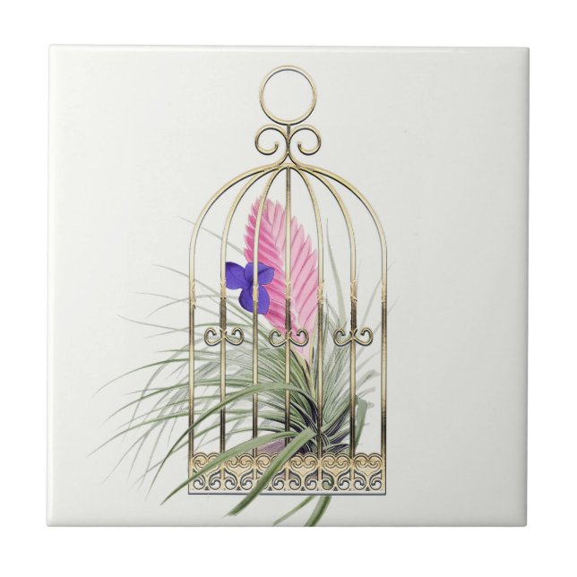 Tillandsia Luftväxt i Fågelbur Keramisk Kakel (Framsidan)