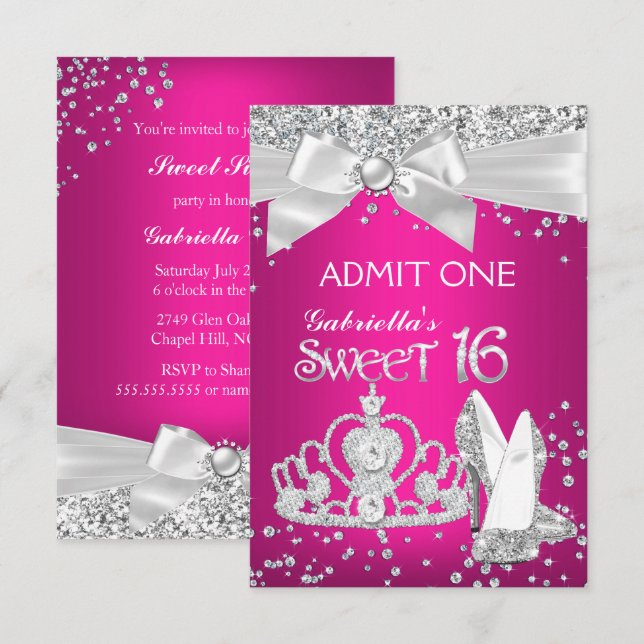 Tillåt Glitter Tiara Klackar Sweet 16 Varmrosa Inbjudningar (Fram/baksida)