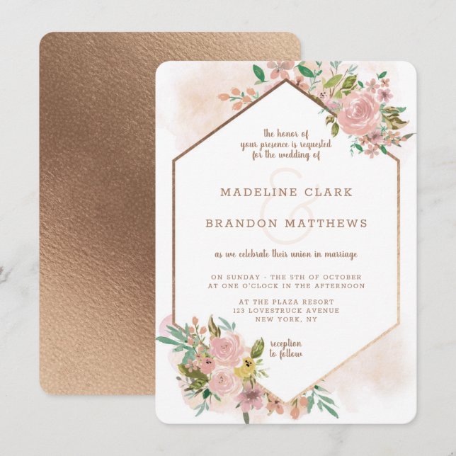 Tillåta Ro Vintage Blommigt Hexagon Ram Bröllop Inbjudningar (Fram/baksida)