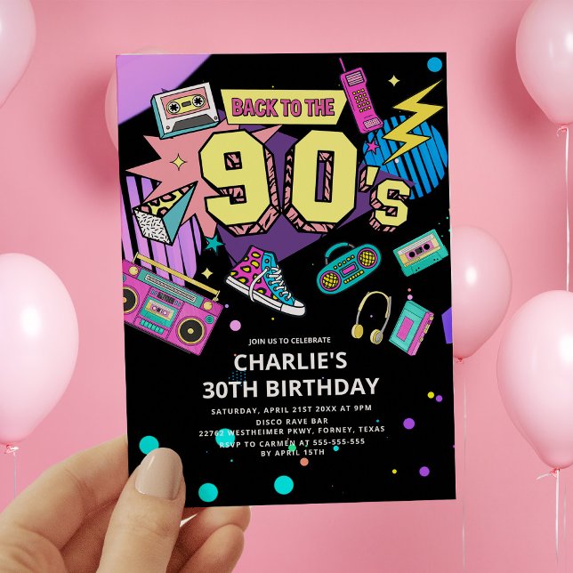 Tillbaka till 90-talet Modern Retro Neon 30års föd Inbjudningar (Skapare uppladdad)