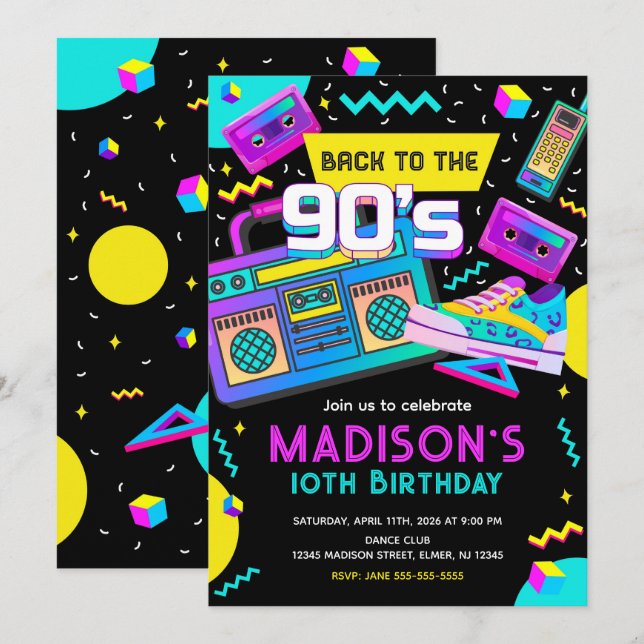Tillbaka till 90-talet Modern Retro Neon Födelseda Inbjudningar (Fram/baksida)