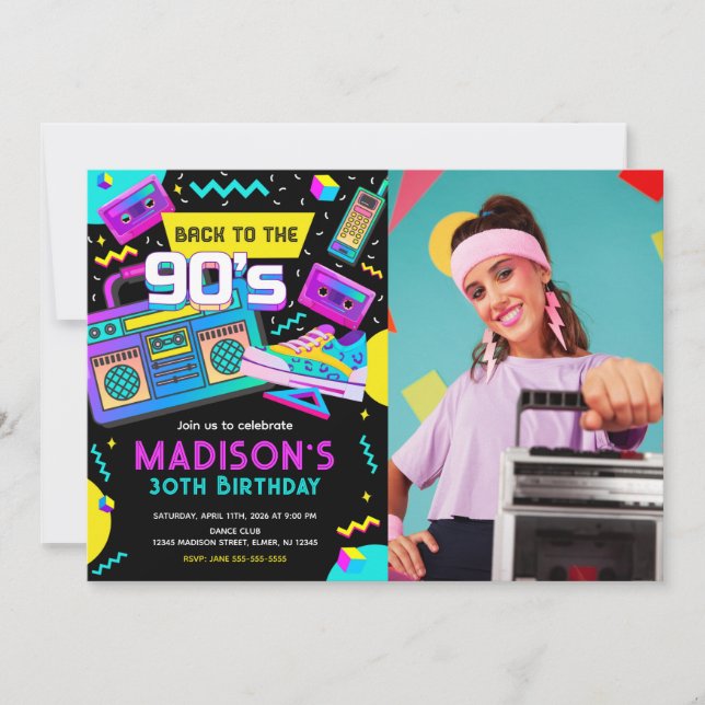 Tillbaka till 90-talet Modern Retro Neon Foto Föde Inbjudningar (Framsida)