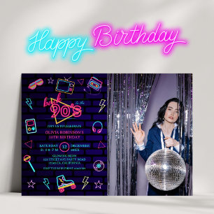 Tillbaka till 90-talet Retro Neon Birthday Photo P Inbjudningar