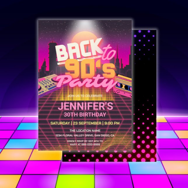 Tillbaka till 90-talets Födelsedagsfest för nylong Inbjudningar (Retro 90s Neon Glow Birthday Party Invitation)