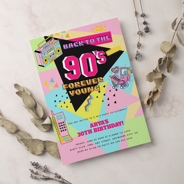 Tillbaka till 90-talets Funky Retro Neon 30års föd Inbjudningar (Skapare uppladdad)