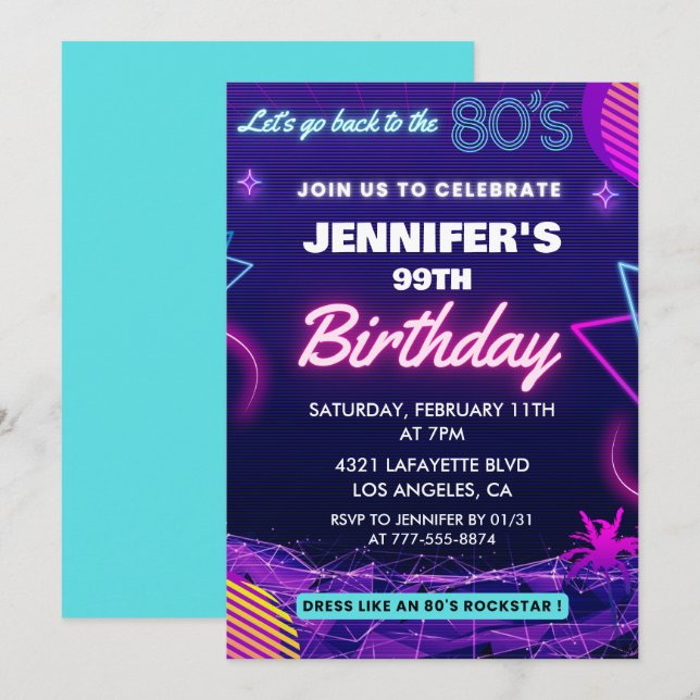 Tillbaka till 99-årsjubileet i Party på 80-talet Inbjudningar (Fram/baksida)