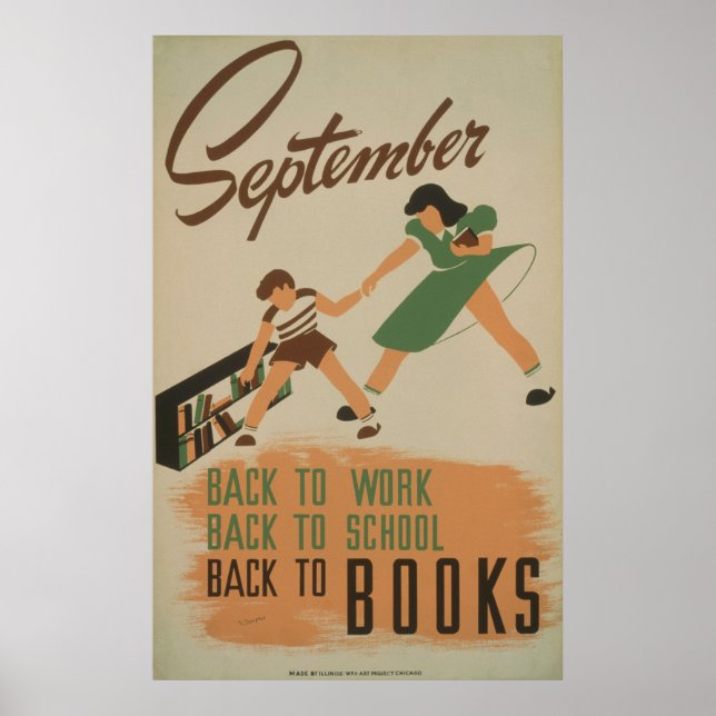 Tillbaka till arbetet, skolan, Bokar Vintage WPA Poster (Framsidan)