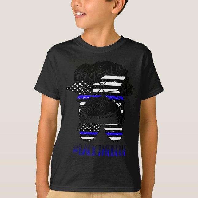 Tillbaka till Blue Messy Bun Thin Blue Line Police T Shirt (Framsida)