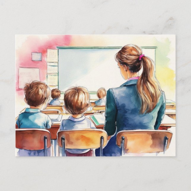 Tillbaka till skolan barn med lärare vykort (Framsida)