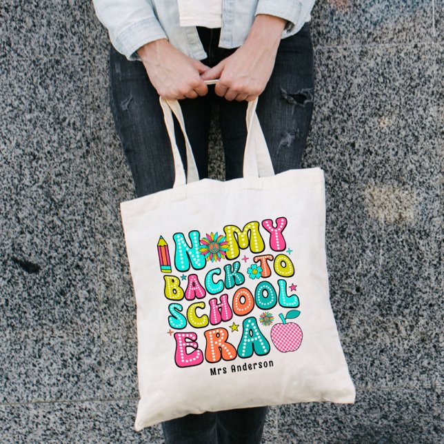 Tillbaka till skolan färgglad retro lärare  tygkasse (Skapare uppladdad)