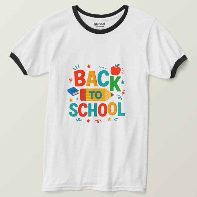 "Tillbaka till skolan" Färgrik penna & äpple-grafi T Shirt (Design framsida)
