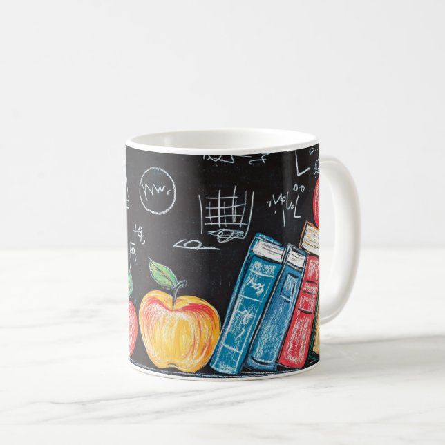 Tillbaka till skolan, med färgglada böcker, äpplen kaffemugg (Framsida höger)