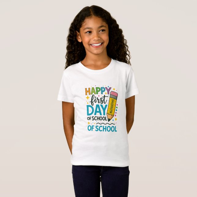 Tillbaka till skolan T-shirt för barn – Glad först (Hel framsida)