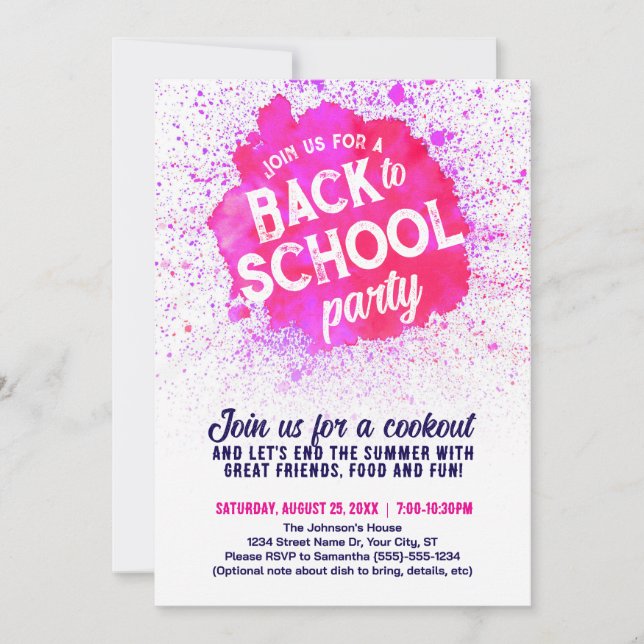 Tillbaka till skolans fest Paint Splatter-inbjudan Inbjudningar (Framsida)
