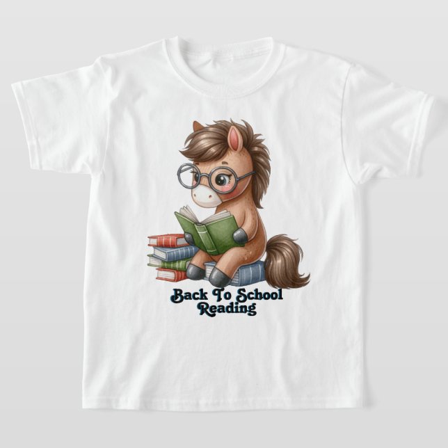 Tillbaka till skolans läsning, häst läs böcker, t shirt (Laydown)