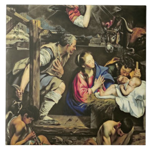 Tillbedjan av shepherdset, 1612 (olja på canva kakelplatta
