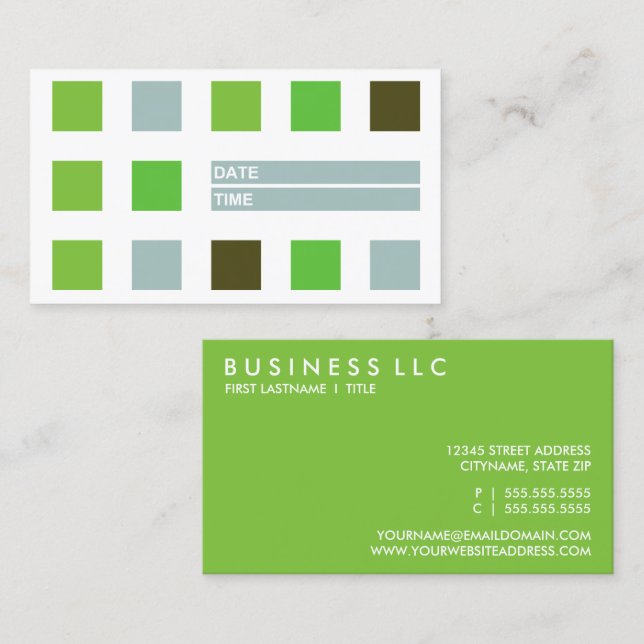 Tilldelningskort för modets kvadratplatser (grönt) tidsbeställning kort (Fram/baksida)