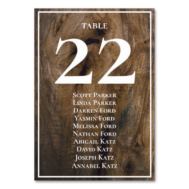 Tilldelningskort för säten i Rustic Wood Bröllop Bordsnummer (Framsidan)