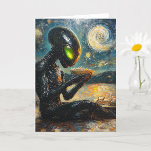 Tillfällen Alien Grönt Ögon Eating Noodles Kort