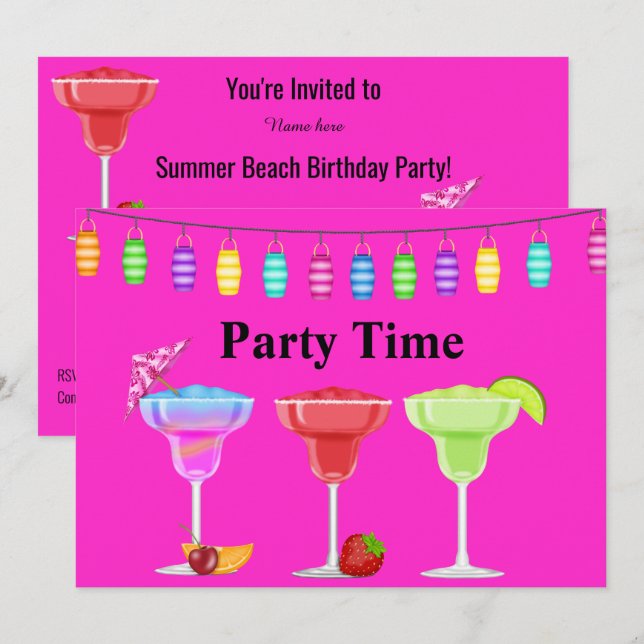 TILLFÄLLEN BEACH COCKTAIL PARTY FLURO ROSA INBJUDNINGAR (Fram/baksida)