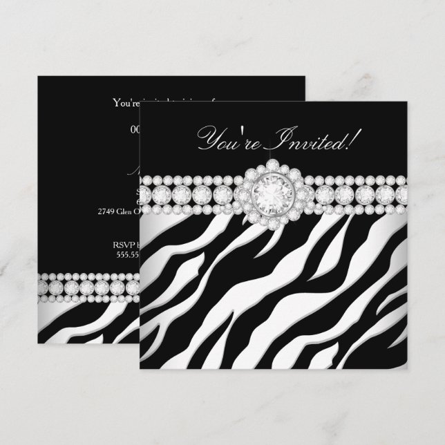 Tillfällen Diamond Trim Black White Zebra Party Inbjudningar (Fram/baksida)