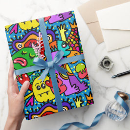 Tillfällen Gift med färgstarka doodle-monster Presentpapper