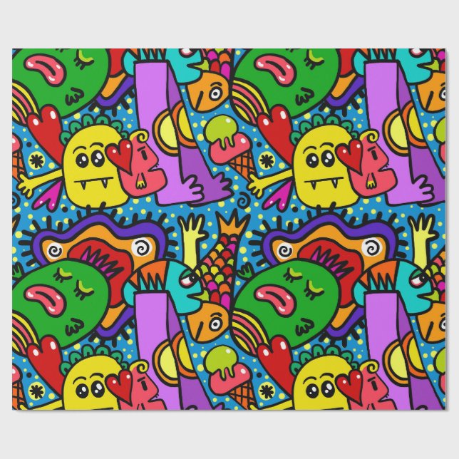 Tillfällen Gift med färgstarka doodle-monster Presentpapper (Platt)