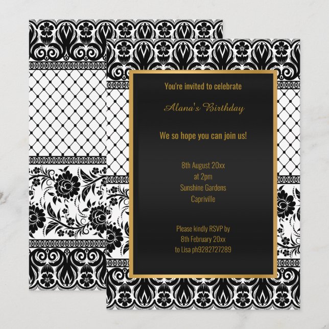 Tillfällen Vit BLACK Snöre med häpnadsväckande Vin Inbjudningar (Fram/baksida)