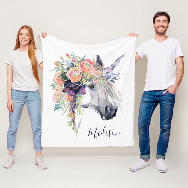 Tillfoga din den kända | blommigten klädde Unicorn Fleecefilt (På plats)