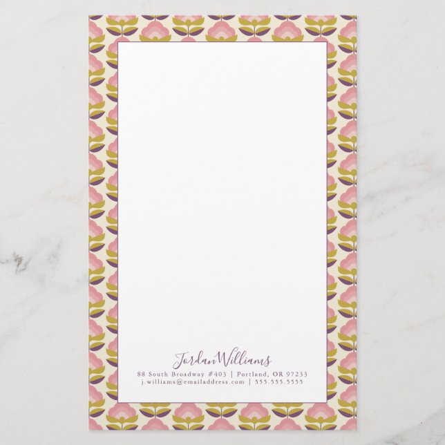 Tillfoga din kända | Retro rosa- & lilablommönster Brevpapper (Framsida)