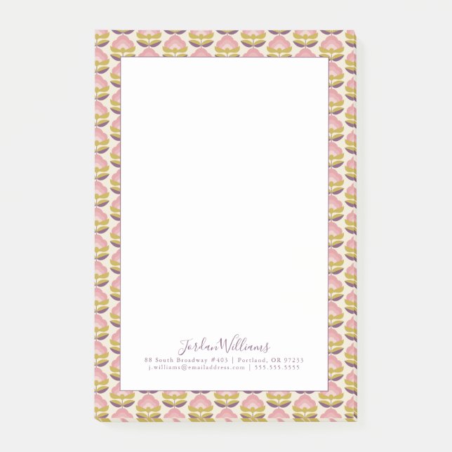 Tillfoga din kända | Retro rosa- & lilablommönster Post-it Block (Framsida)