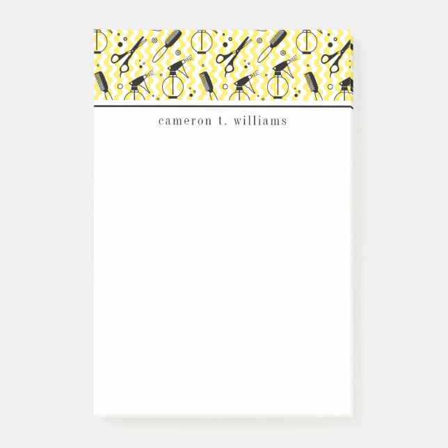 Tillfoga ditt kända | gula frisörverktygmönster post-it block (Framsida)