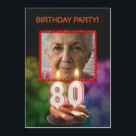Tillfoga en bild, den 80th födelsedagsfest inbjudningar<br><div class="desc">Tillfoga en bild för att skräddarsy denna unika partyinbjudan. En rolig 80th födelsedagsfest inbjudan med det lyckliga stearinljuset numrerar bränning på en chokladmuffin. Var säker att ändra namn på baksidaen till namn av den födelsedagpojken eller flickan. Se helheten spänna av inbjudningar och kort i mitt lager.</div>