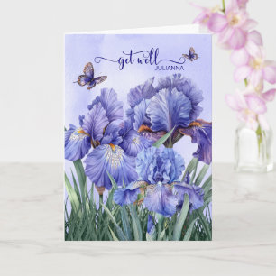 Tillfriskna med en lila Iris-trädgård och fjärilar Kort