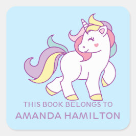 TILLHÖREN BOK TILL ROSA CUTE UNICORN Blek blue Fyrkantigt Klistermärke