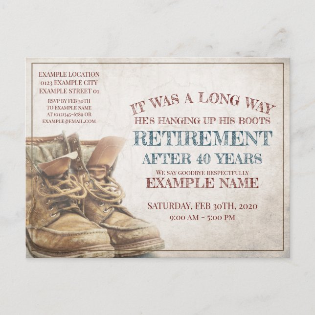 Tillkännagivande av pension med gamla stövlar helg vykort (Framsida)