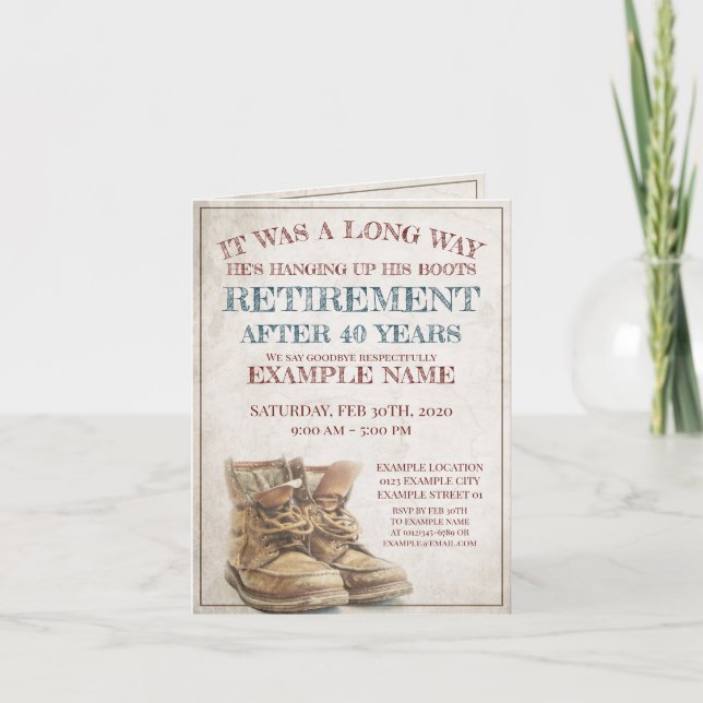 Tillkännagivande av pension med gamla stövlar inbjudan (Framsida)