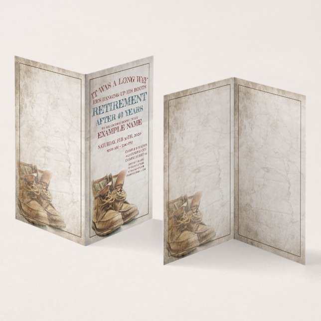 Tillkännagivande av pension med gamla stövlar kort (In- och utsida)