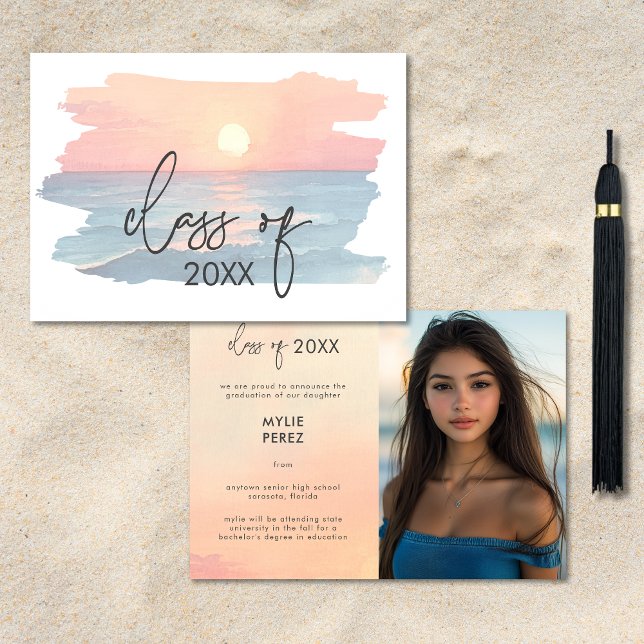 Tillkännagivande om Studenten i Modern Ocean Sunse (Modern Ocean Sunset Beach Graduation Announcement)