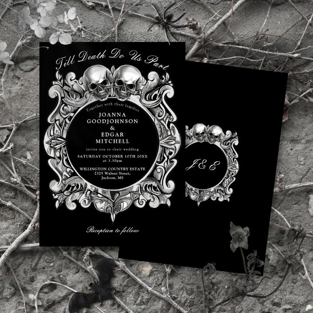 Tills döden gotiska dödskallarmonogram bröllop inbjudningar (Till Death Gothic Skulls Monogram Wedding Invitation)