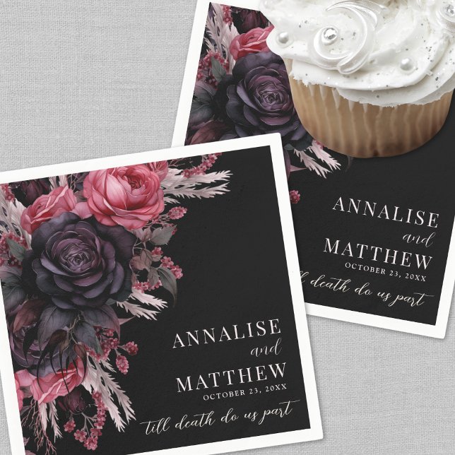 Tills döden skiljer oss åt gotisk bröllop pappersservett (Till Death Do Us Part Gothic Black Floral Wedding Napkins)