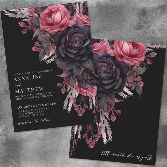 Tills döden skiljer oss åt gotisk svart blommig vi inbjudningar (Till Death Do Us Part Gothic Black Floral Wedding Invitation)