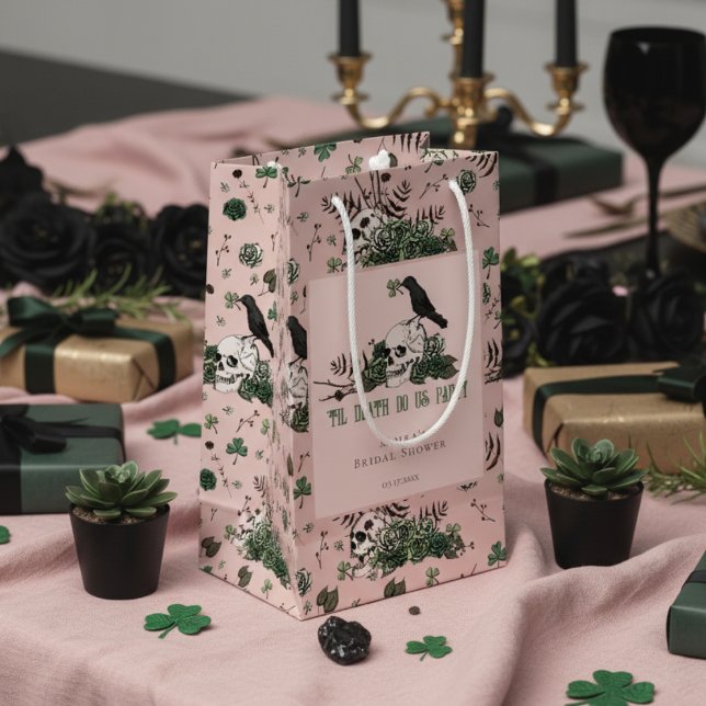 Tills döden skiljer oss åt Irländska Dödskallar Br (Irish Bridal Shower Gift Bag for St Patrick's Day Wedding. Chic Skull, Green Roses, Shamrock Pattern)