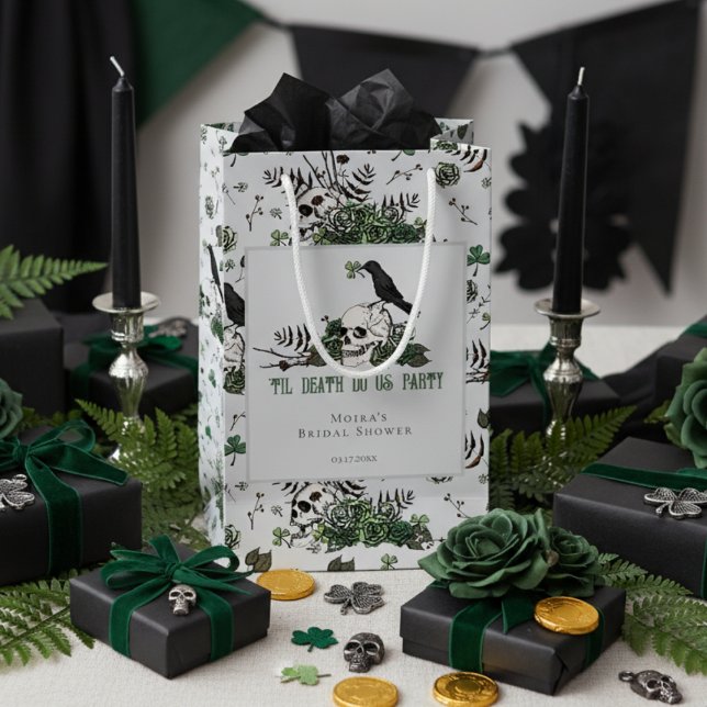 Tills döden skiljer oss åt Irländska Dödskallar Br (Irish Bridal Shower Gift Bag for St Patrick's Day Wedding. Chic Skull, Green Roses, Shamrock Pattern)