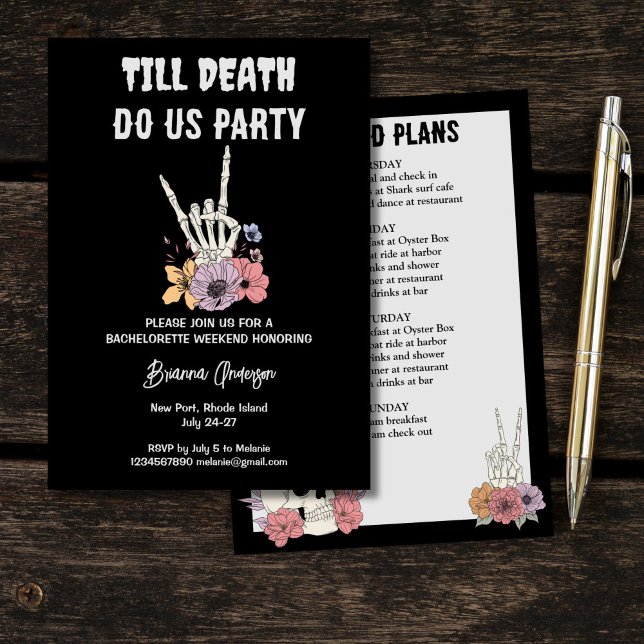 Tills döden skiljer oss åt möhippa helg inbjudningar (Till death do us party bachelorette weekend itinerary black gothic skeleton invitation template)