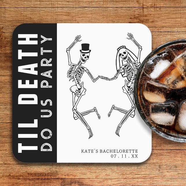 Tills döden skiljer oss åt Sällskap Skelettpar Bac Underlägg Papper Kvadrat (Til Death Do Us Party Skeleton Couple Bachelorette Square Paper Coaster
)